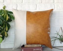 Camel Faux Leather & Linen Pillow Cover Set - 18x18 - thumbnail 1