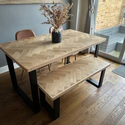 Solid Oak Herringbone Dining Table With Industrial Steel Legs - Handmade Parquet Bespoke Rustic - thumbnail 2