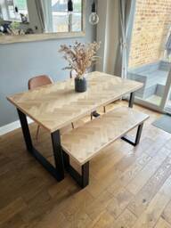 Solid Oak Herringbone Dining Table With Industrial Steel Legs - Handmade Parquet Bespoke Rustic - thumbnail 1