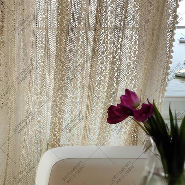 Boho Crochet Curtain Farmhouse Lace Sheer Window Drape - image 1