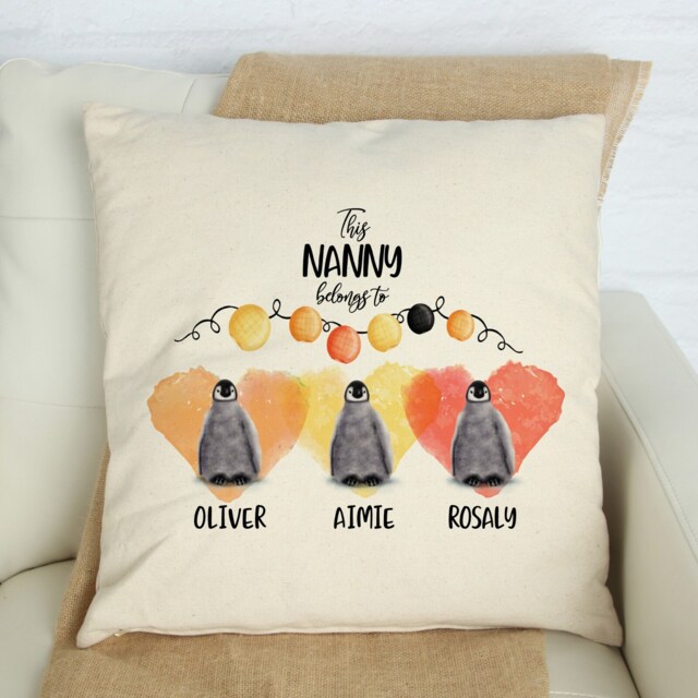 This Nanny Belong To Cushion Cover With Grandchildren Names/Little Penguins Personalised Grandma Christmas Gift Granny, Nana Present - image 1