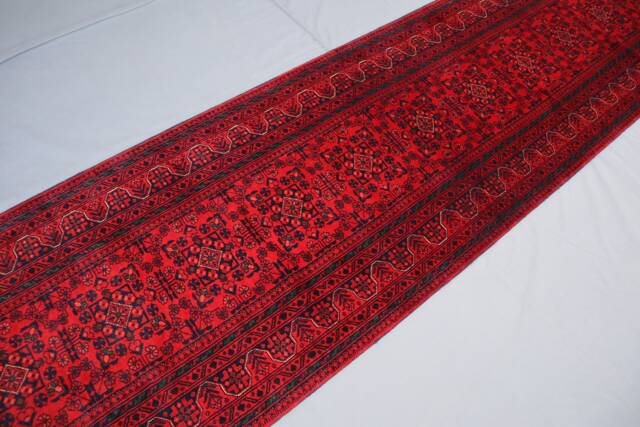 17 Ft Extra Long Runner Rug, Red Afghan Hand Knotted Veg Dyes Wool Oriental Runner, Hallway Turkmen Tribal Bukhara Carpet - image 1