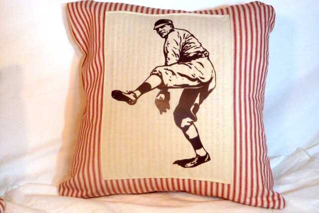 Vintage Baseball Pitcher Pillow Cover Red French Ticking, Boys Room Decor - image 1
