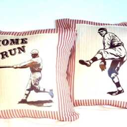 Vintage Baseball Pitcher Pillow Cover Red French Ticking, Boys Room Decor - thumbnail 2