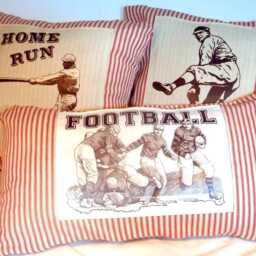 Vintage Baseball Pitcher Pillow Cover Red French Ticking, Boys Room Decor - thumbnail 3