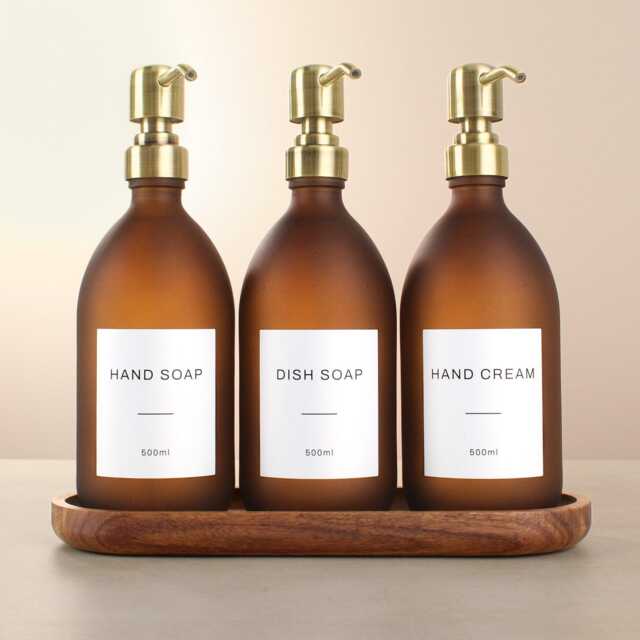 Acacia Tray & Frosted Amber Dispenser Set - Labelled Refillable Bottle With Gold Pump & Label - For Shampoo, Hand Soap, Cream, Body Wash - image 1