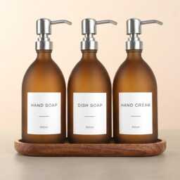 Acacia Tray & Frosted Amber Dispenser Set - Labelled Refillable Bottle With Gold Pump & Label - For Shampoo, Hand Soap, Cream, Body Wash - thumbnail 3