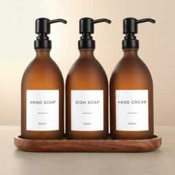 Acacia Tray & Frosted Amber Dispenser Set - Labelled Refillable Bottle With Gold Pump & Label - For Shampoo, Hand Soap, Cream, Body Wash - thumbnail 2