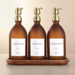 Acacia Tray & Frosted Amber Dispenser Set - Labelled Refillable Bottle With Gold Pump & Label - For Shampoo, Hand Soap, Cream, Body Wash