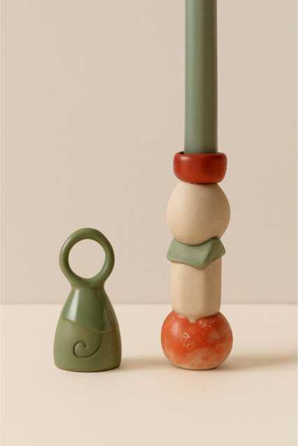Handmade Colorful Ceramic Taper Candle Holder & Snuffer - Rustic Wabi Sabi Pottery Decor - image 1