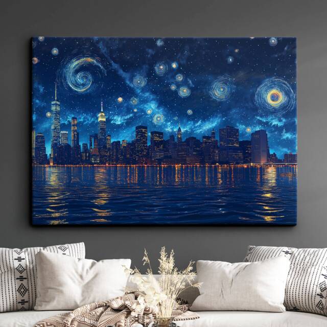 Van Gogh New York City Skyline Starry Night Landmark Oil Painting Style Wall Art Framed Calming Canvas Poster Print Home Office Room Decor - image 1