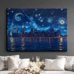 Van Gogh New York City Skyline Starry Night Landmark Oil Painting Style Wall Art Framed Calming Canvas Poster Print Home Office Room Decor - thumbnail 1