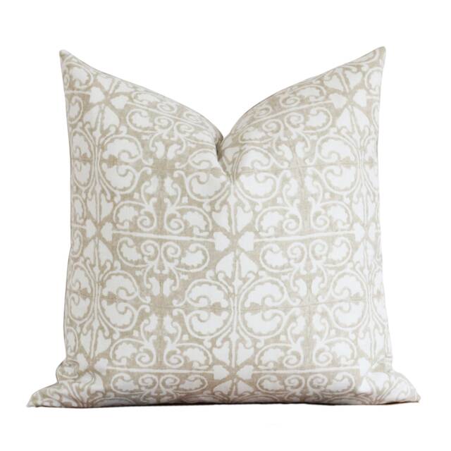 Beige & White Pillow Cover - Hand Block Pattern Neutral Throw Lumbar Cushion 20 X Tan Ingrid - image 1