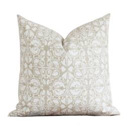 Beige & White Pillow Cover - Hand Block Pattern Neutral Throw Lumbar Cushion 20 X Tan Ingrid