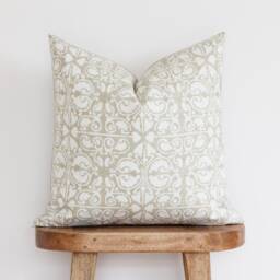Beige & White Pillow Cover - Hand Block Pattern Neutral Throw Lumbar Cushion 20 X Tan Ingrid - thumbnail 2