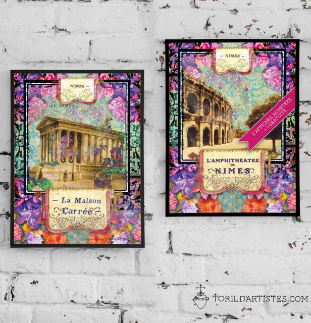 Poster Of N??mes Center Du Monde Perfect For Gard Reboussiers - Arena Seen From Above in Retro Flowery Fashion - image 1