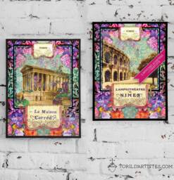 Poster Of N??mes Center Du Monde Perfect For Gard Reboussiers - Arena Seen From Above in Retro Flowery Fashion - thumbnail 1