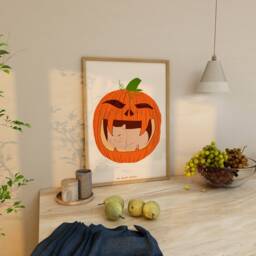 Cat in Pumpkin Print, Halloween Illustration, Mid-Century Modern Wall Art - thumbnail 1