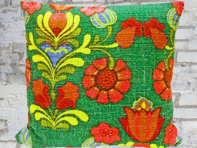 Retro Pillow Case Scandi Folk Art Design, Flower Power, Red Green Blue, Cushion Cover, 60S 70S Vintage Fabric, Mid-Century Boho, Eclectic - image 1