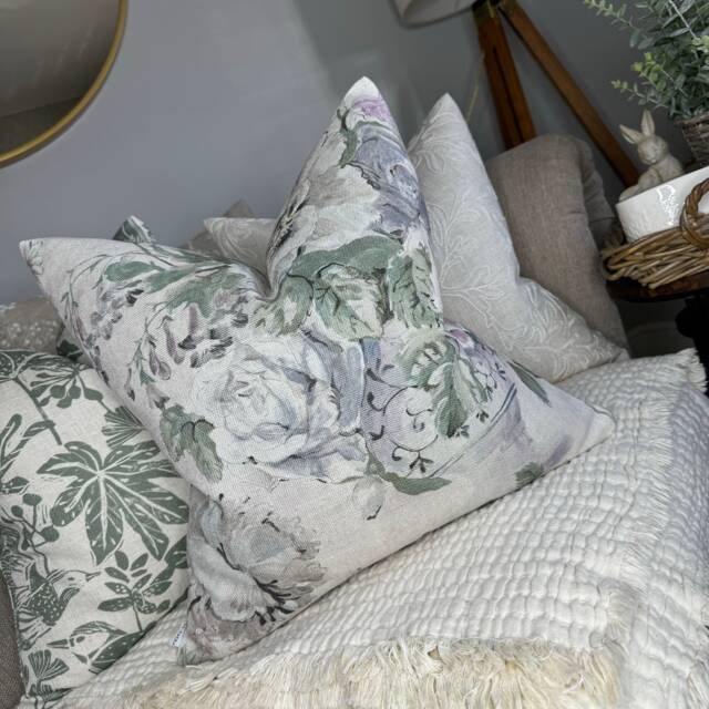Designer Shabby Chic Sanderson Fabric Giselle Floral Cushion Cover, Pillow Cover - Linen Blend - image 1