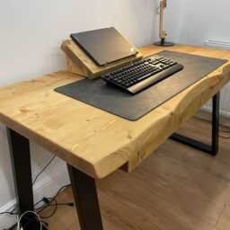Large Live Edge Desk With 2 Drawers On Steel Trapezium Legs Home Office Furniture - thumbnail 2