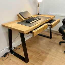 Large Live Edge Desk With 2 Drawers On Steel Trapezium Legs Home Office Furniture - thumbnail 3