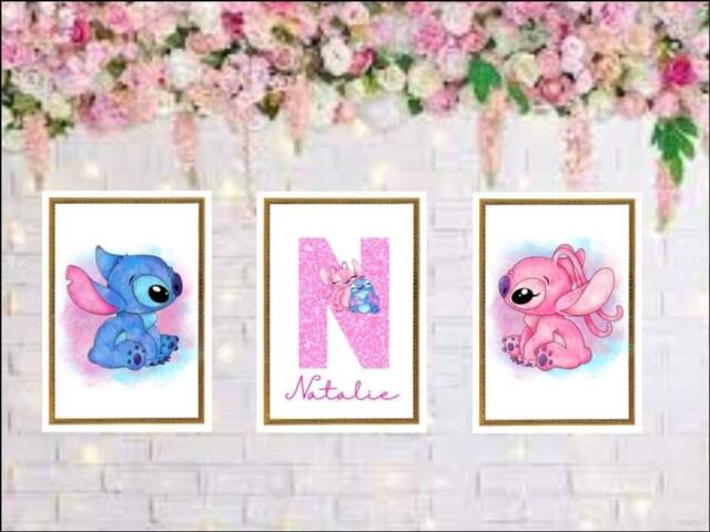 Set Of 3 Personalised Stitch & Angel Wall Prints Watercolour Nursery Personalised in Blue Or Pink