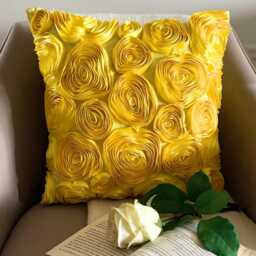 "Yellow Art Silk Ribbon Embroidered Rose Decorative Throw Pillow Cover, 16""x16" - thumbnail 1