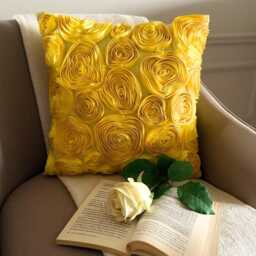 "Yellow Art Silk Ribbon Embroidered Rose Decorative Throw Pillow Cover, 16""x16" - thumbnail 3