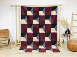 Red Blue Black White Abstract Shag Moroccan Rug - Hand Tufted Berber Area Modern Boho Home Decor