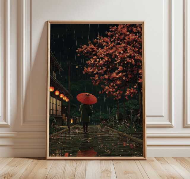 Rainy Night Cherry Blossom Wall Art Poster, Japanese Illustration Print With Red Umbrella Scene - image 1