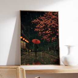 Rainy Night Cherry Blossom Wall Art Poster, Japanese Illustration Print With Red Umbrella Scene - thumbnail 2