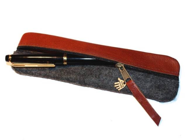 Leather & Wool Felt Pencil Case Handmade Elegant - image 1