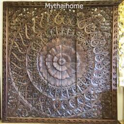 96 Inches Large King Bed California Mandala Bohemian Rustic Headboard Lotus Flower Wooden Craved Craving Teak Wood Art Panel Wall Thai - thumbnail 2