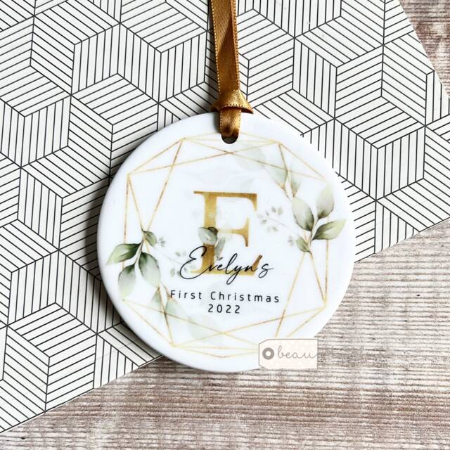 Personalised First Christmas Gift New Baby Boy Girl Newborn Geometric Greenery Leaf Bow Design Ceramic Or Acrylic Round Ornament Keepsake