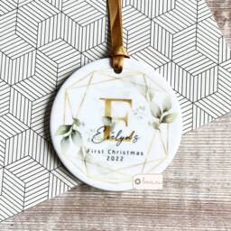 Personalised First Christmas Gift New Baby Boy Girl Newborn Geometric Greenery Leaf Bow Design Ceramic Or Acrylic Round Ornament Keepsake