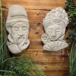 stone Garden Pair Of Oriental Chinese Japanese Wall Plaque Figure Ornaments - thumbnail 3