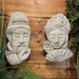 stone Garden Pair Of Oriental Chinese Japanese Wall Plaque Figure Ornaments - thumbnail 2