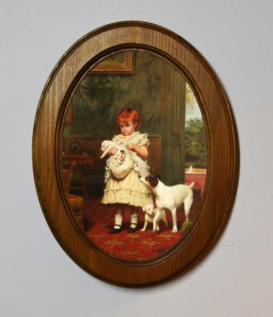 Light Oak Oval Wooden Framed Picture, Charles Burton Barber, Girl With Dogs, Art Print, Wall Hanging Home Decor Antique Vintage Style - image 1