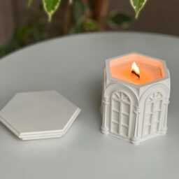 Hand Poured House Candle Stone Roman Church Container With Wooden Wick - thumbnail 2