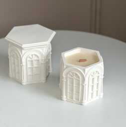 Hand Poured House Candle Stone Roman Church Container With Wooden Wick - thumbnail 1
