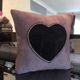 Lilac & Black Heart Suede Decorative Pillow Cover, Valentine's Day Pillow-Home Decor-Gift For Her-Faux Fur Pillow, Cushion, Throw - thumbnail 3
