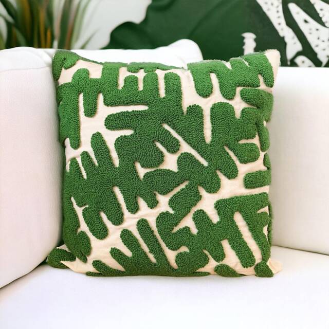 Hand Tufted Punch Needle Pillow Cover Psychedelic Green Embroidered Cushion - image 1