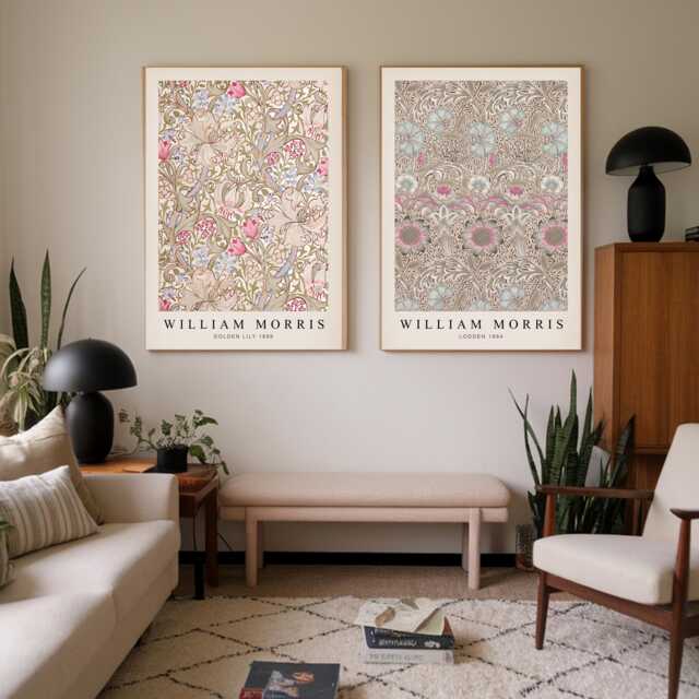 Set Of Two William Morris Floral Prints, Vintage Botanical Wall Art, Flower Print Set, Exhibition Print, Textiles Museum Cream - image 1