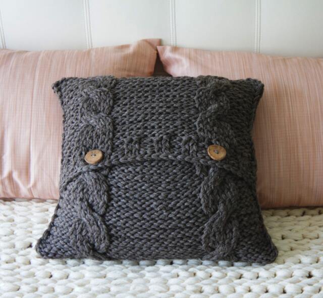 Handknitted Wool Cable Knit Pillow Cover Natural Brown Accent - 18x18 - image 1