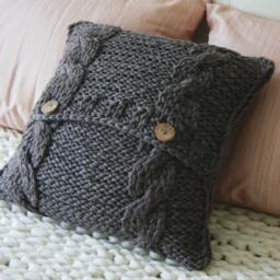 Handknitted Wool Cable Knit Pillow Cover Natural Brown Accent - 18x18 - thumbnail 2