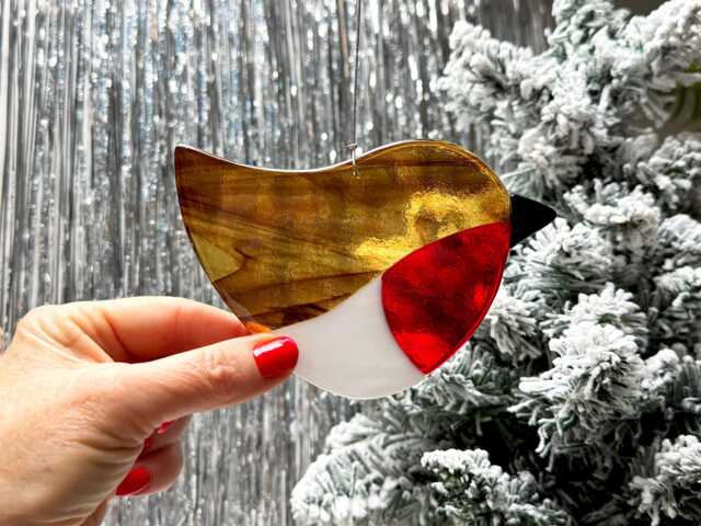 Handmade Glass Robin Suncatcher, Large Size, Fused Art, Christmas Decoration, Memorial Keepsake - image 1