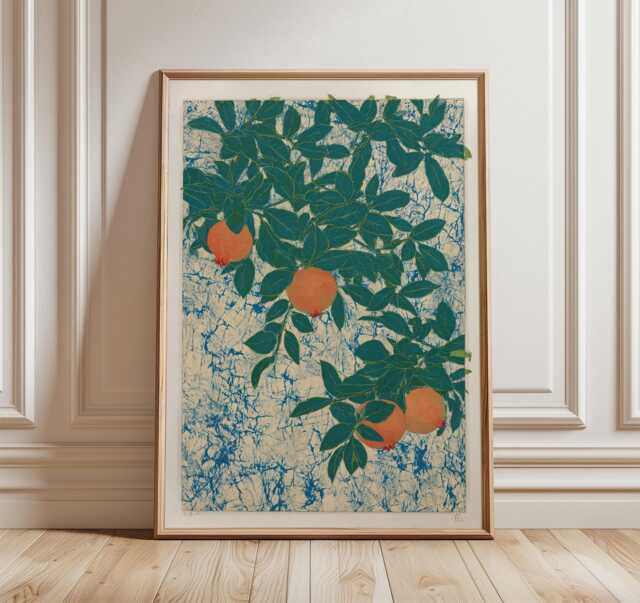 Pomegranate Botanical Wall Art Print - Vintage Fruit Illustration Poster Green Leaves Nature Artwork - image 1