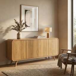 Solid Oak Wood Sideboard, Art Deco Media Console, Vinyl Record Storage