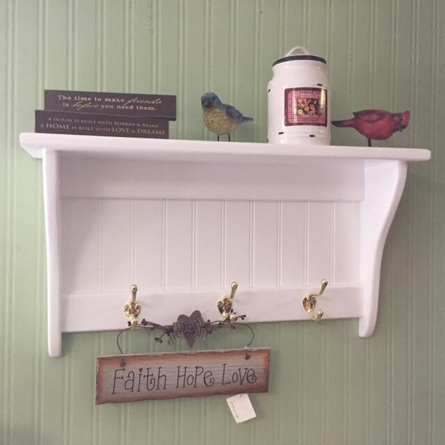 White Wood Coat Rack With Brass Hooks Country Wall Shelf - image 1